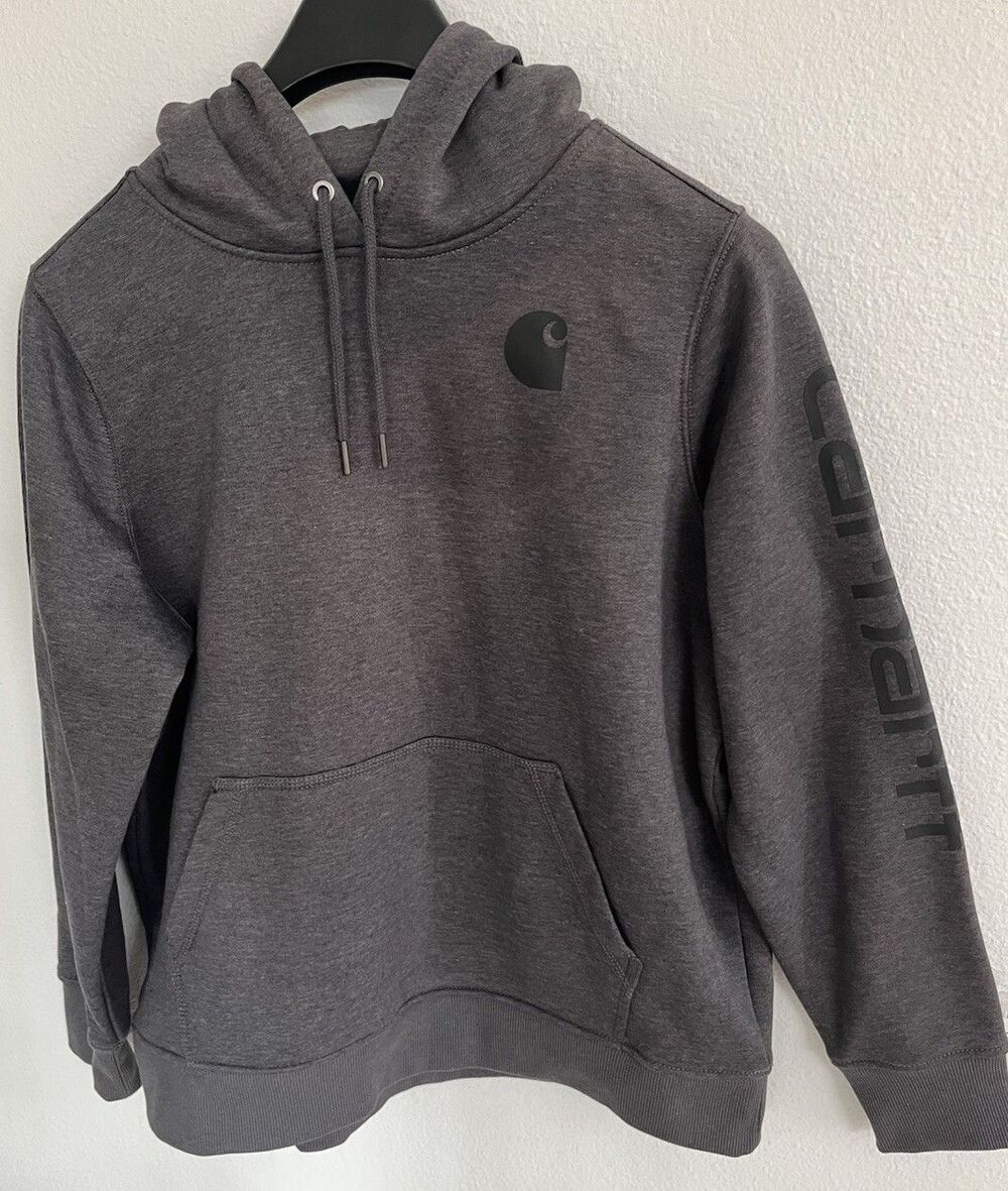 Carhartt Hoodie Boys XL 16-18 Gray Relaxed Fit Pullover Sweatshirt Logo Sleeve